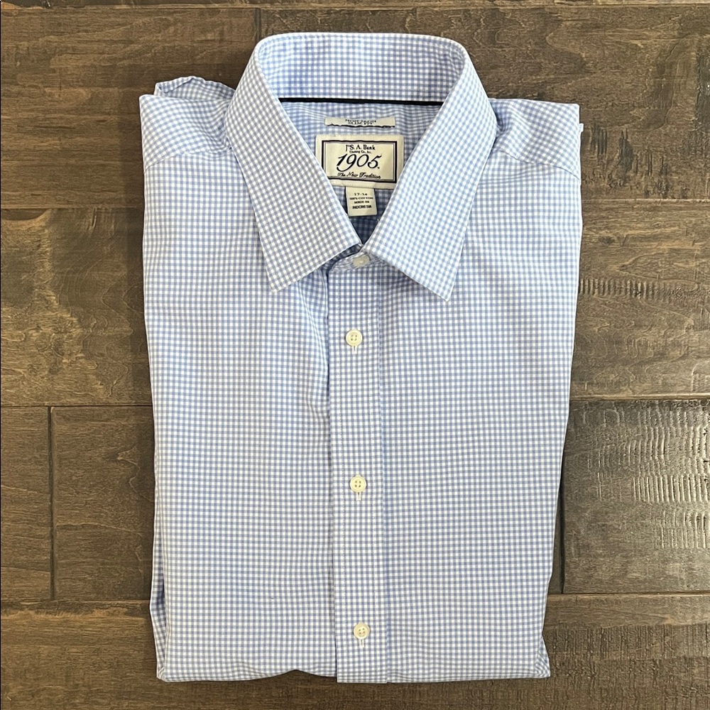 Jos. A. Bank Men's Blue Checkered Shirt Size 17-34 Non-Iron Slim Fit